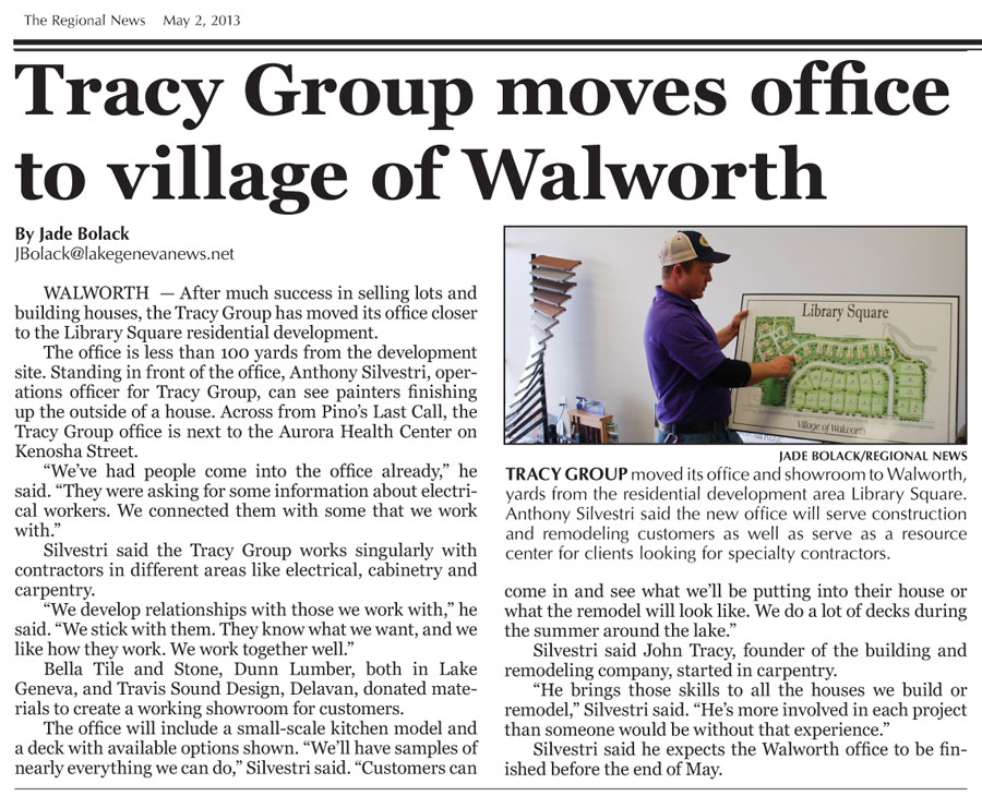 Tracy Group moves office to village of Walworth